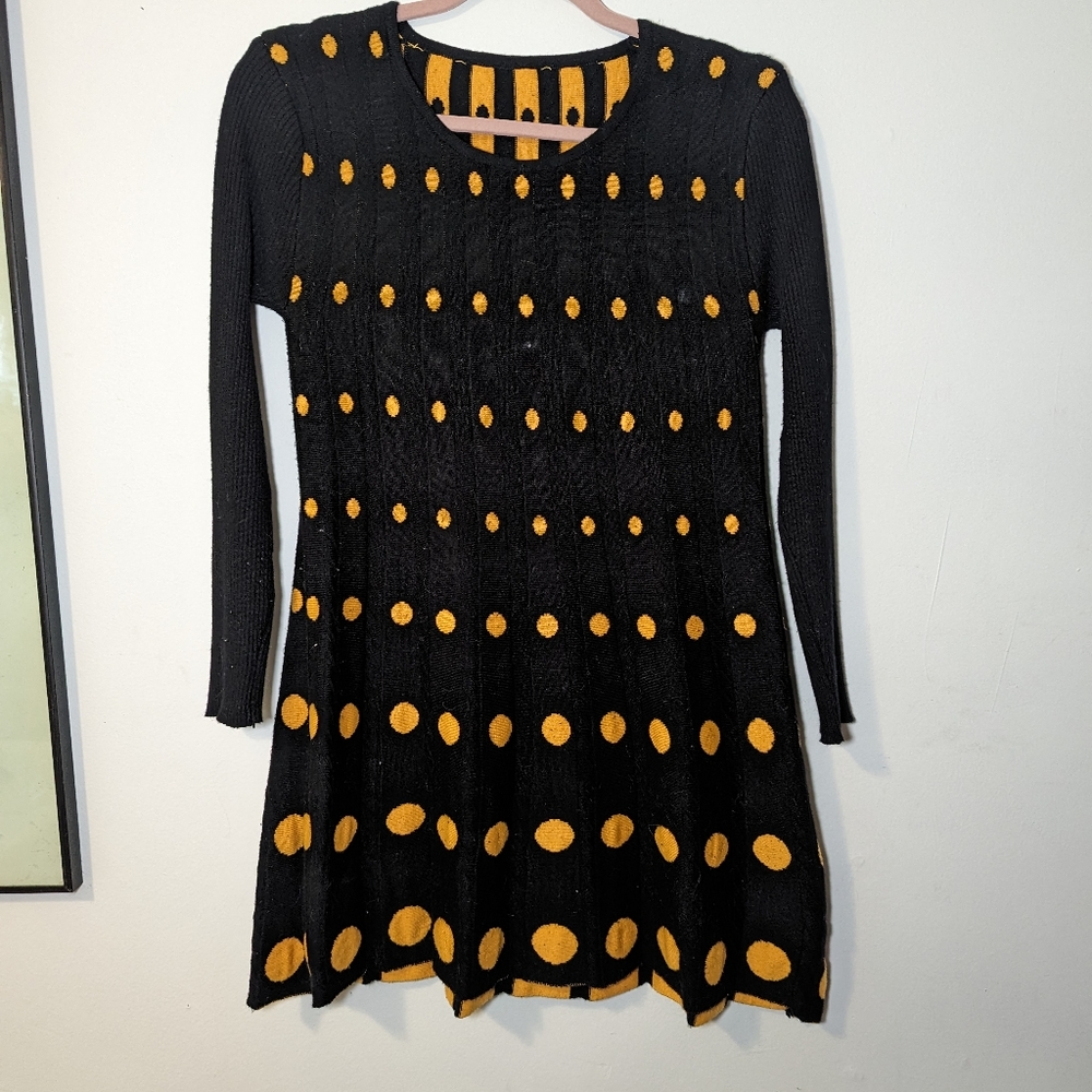 Black and Yellow Knit Polka Dot Dress
